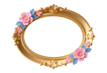 Golden Oval Frame with Pink Flowers, Transparent Background, Ornate Design Element