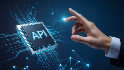 Api integration concept with hand touching microchip and glowing network connections on blue background