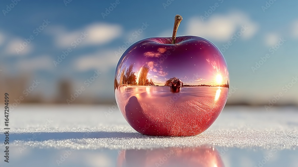 Poster shiny red apple is sitting on a snowy surface. the apple is surrounded by a reflection of itself, cr