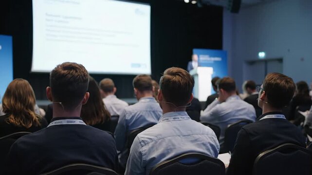 Attentive Audience at Business Conference - A diverse group of professionals attentively listens to a speaker at a modern business seminar.