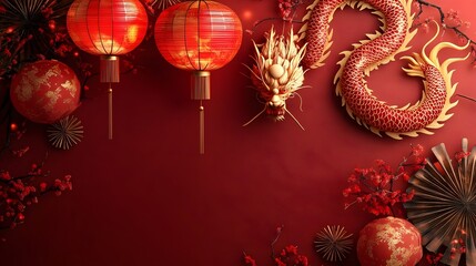 Obraz premium Red Chinese New Year with Traditional Lanterns and Dragon