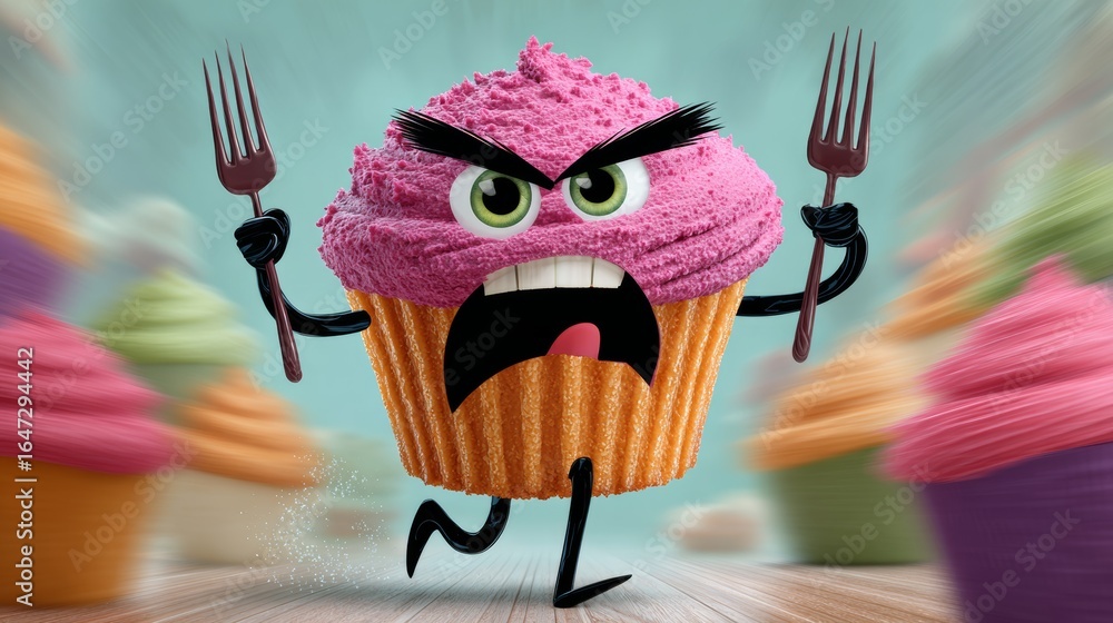 Poster cartoon character with a fork and knife is running through a room full of cupcakes. the character is