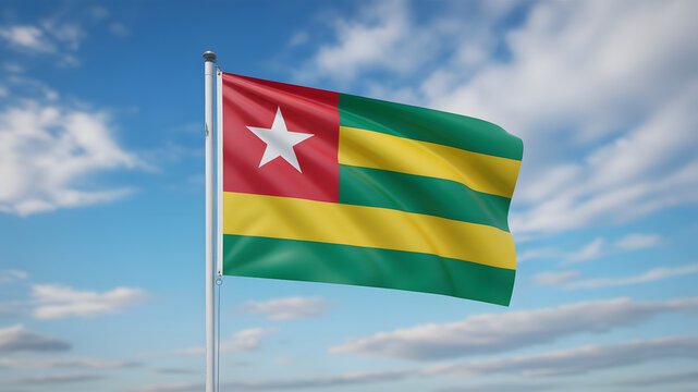 Togo's proud flag waves majestically against a bright, cloudy blue sky, symbolizing national pride and heritage.
