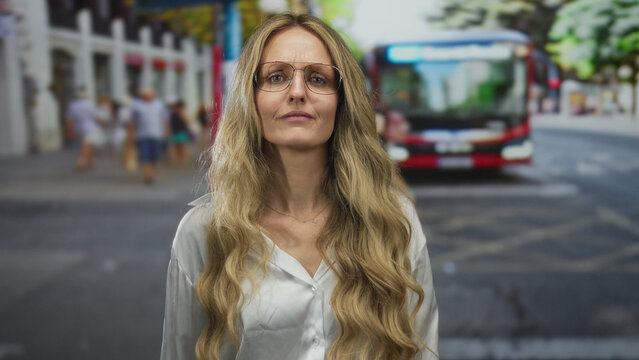Woman with mouth wide open calling on street, young blonde outdoors urban commuter wearing glasses hails bus.