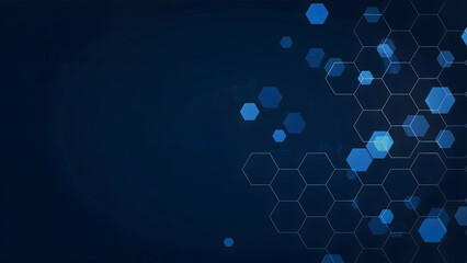 A dark blue background with a pattern of white hexagons and scattered blue glowing hexagons