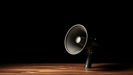 Vintage megaphone on wooden surface with dramatic lighting, evoking nostalgic and minimalist aesthetics.