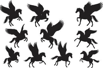 Collection of Realistic and Detailed Vector Silhouettes of a Pegasus in Various Flying and Standing Poses, Isolated on White

.