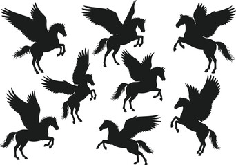 Naklejka premium Collection of Realistic and Detailed Vector Silhouettes of a Pegasus in Various Flying and Standing Poses, Isolated on White.