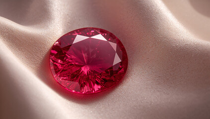 A close-up shot of a large, round, faceted pink gemstone, ruby or diamond lying on a piece of light pink satin or silk fabric.