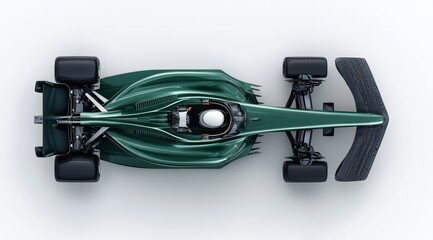 Obraz premium Top view of glossy dark green Formula One race car model against white background showcases its aerodynamic design. Formula one, sport, race car model
