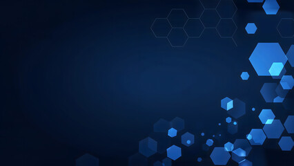 Abstract dark blue background with floating hexagon shapes and connecting lines design element