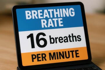 Fototapeta premium Tablet displaying breathing rate of 16 breaths per minute on screen