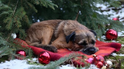 A furry brown dog likely a Border Terrier curled up and napping peacefully on a red blanket underneath a pine tree decorated with festive Christmas ornaments