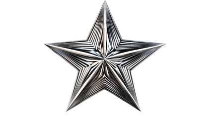Obraz premium Shiny lined silver star with metallic texture and decorative design isolated on white background 