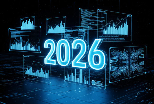 Glowing blue 2026 surrounded by futuristic holographic data screens. Financial charts and graphs symbolize business intelligence and economic forecasting for the new year.