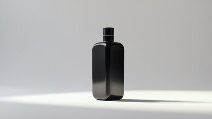 A sleek black bottle standing upright on a plain surface with a minimalistic background.