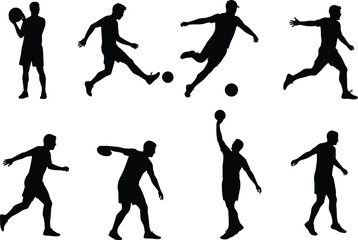 Diverse athletes in silhouette performing various sports activities, including soccer, basketball, and discus, in a dynamic vector illustration.