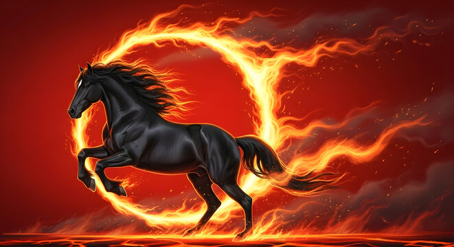 Powerful black horse is rearing up inside a vibrant circle of flames, set against backdrop of dark clouds and glowing embers, representing strength and renewal for the year 2026	