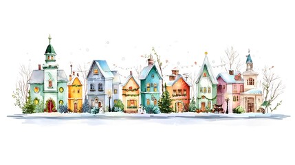 Elegant modern watercolor of a snowy Christmas village with charming colorfully painted cottages decorated with festive lights and wreaths