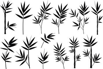  Black silhouettes of isolated bamboo leaves and sprigs, a collection of different shapes and sizes in a clean vector illustration.