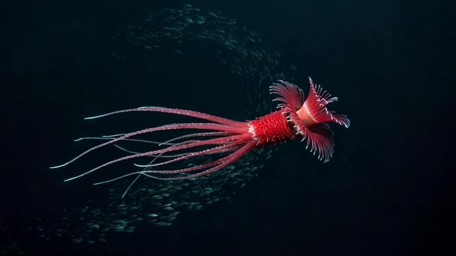 Vibrant red squid swimming among small fish in ocean
