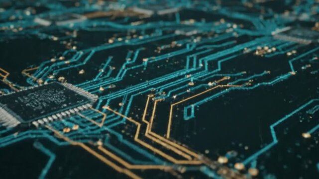Futuristic circuit board with glowing microchips and data pathways on a dark background, showing data flow and processing.