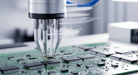 Robotic arm precisely places microchip onto a green circuit board in a clean manufacturing environment