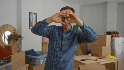 Man making heart shape with hands in apartment surrounded by unpacked boxes during move creates...
