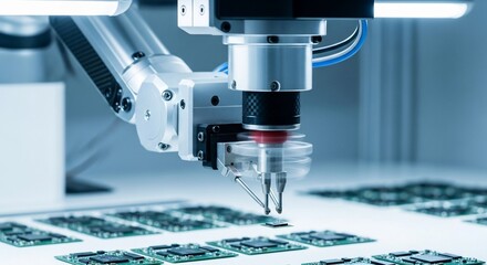 Robotic arm precisely places microchip onto circuit board in automated manufacturing