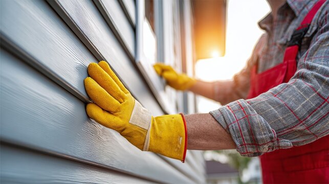 Construction worker wearing protective gloves installing vinyl siding outdoors. Home renovation and exterior repair. New house construction and maintenance.