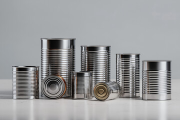 Bulk food cans over a minimalist kitchen and a modern yet classy still life, perhaps with some volumetric light to add mystery to the realistic photo.