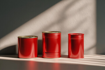 Bulk food cans over a minimalist kitchen and a modern yet classy still life, perhaps with some volumetric light to add mystery to the realistic photo.