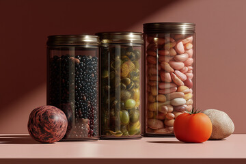 Bulk food cans over a minimalist kitchen and a modern yet classy still life, perhaps with some volumetric light to add mystery to the realistic photo.