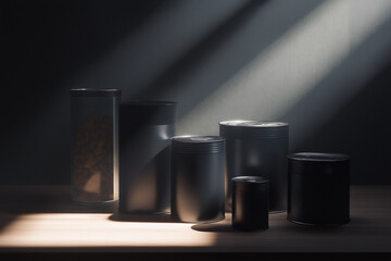 Bulk food cans over a minimalist kitchen and a modern yet classy still life, perhaps with some volumetric light to add mystery to the realistic photo.