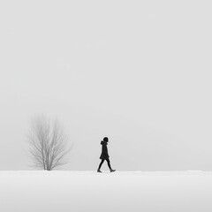 Woman walking in the snow. The image is cold but cozy and minimalist.