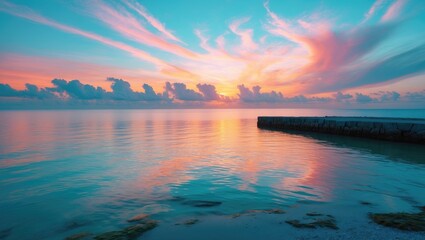 Obraz premium Vibrant sunset over calm ocean with a pier extension, colorful clouds, and reflected light on water. Serene landscape scene at dusk.