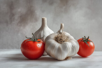 Rural still life of garlic and tomatoes with soft lighting and a bit of volumetrics on a gray and minimalist background