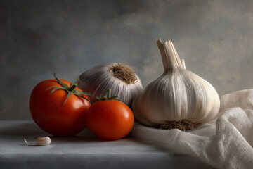 Rural still life of garlic and tomatoes with soft lighting and a bit of volumetrics on a gray and minimalist background