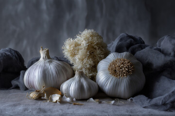 Rural still life of garlic and tomatoes with soft lighting and a bit of volumetrics on a gray and minimalist background