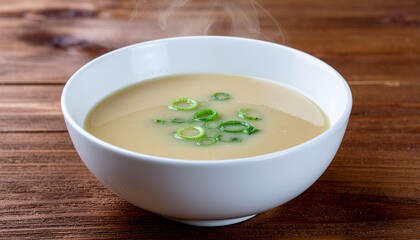 A comforting bowl of hot, steaming creamy soup, garnished with fresh green onions and served on a dark wooden table.