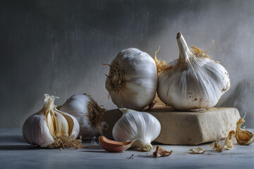 Rural still life of garlic and tomatoes with soft lighting and a bit of volumetrics on a gray and minimalist background