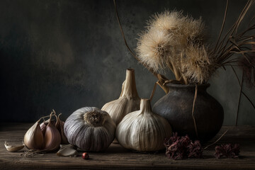 Rural still life of garlic and tomatoes with soft lighting and a bit of volumetrics on a gray and minimalist background