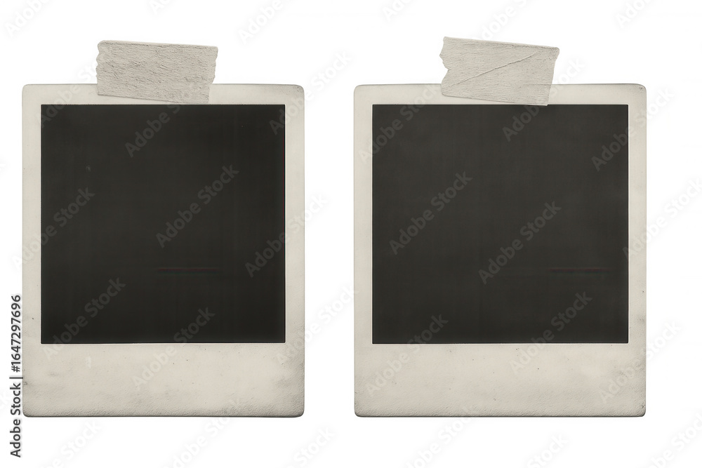 Poster two old, blank instant photos attached with adhesive tape are displayed on a transparent background,