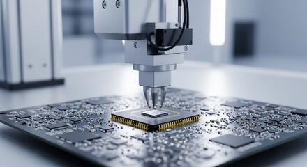 Robotic arm precisely placing microchip on a complex printed circuit board
