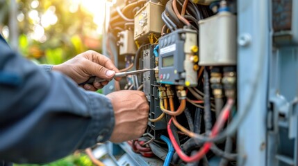 Professional technician's hands repairing outdoor electrical system. Close-up of complex wiring, circuits, and components during maintenance.