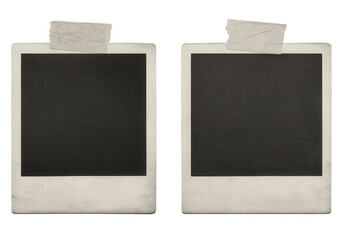 Two old, blank instant photos attached with adhesive tape are displayed on a transparent background, ready for customization