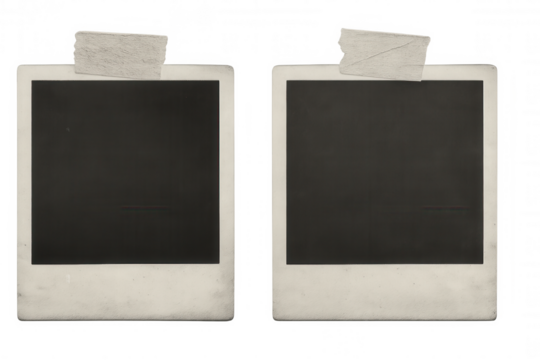 Two old, blank instant photos attached with adhesive tape are displayed on a transparent background, ready for customization