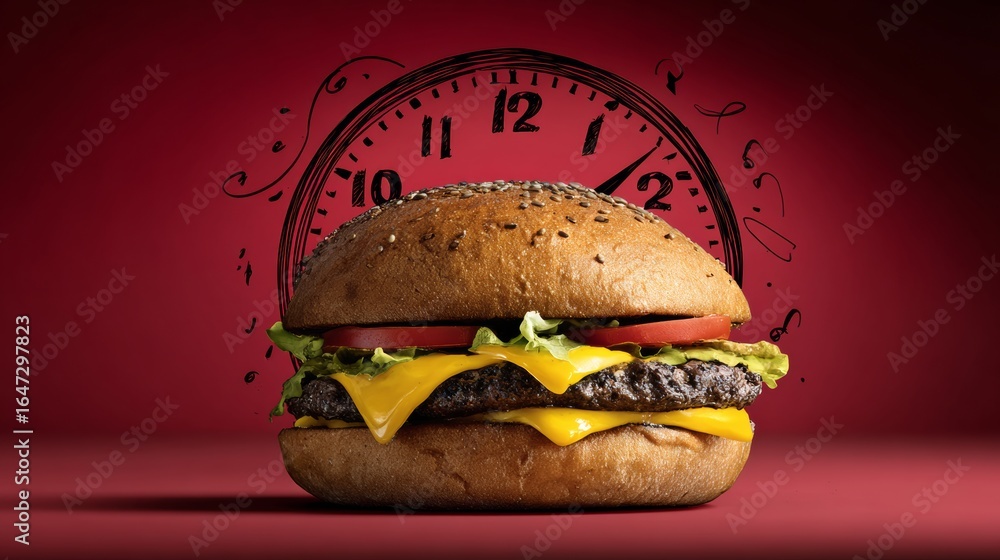Poster hamburger with a clock on top of it. the clock is showing the time as 10:12