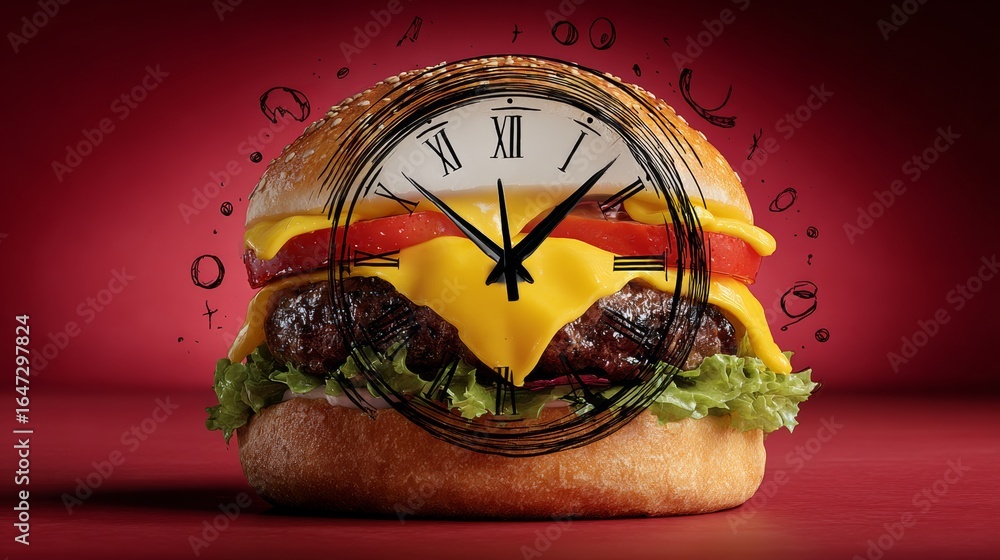 Poster burger with a clock on it. the clock is showing the time as 10:00. the burger is on a red background