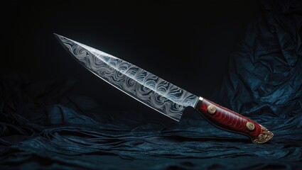 A knife with a damascus pattern blade and a red handle displayed against dark fabric background.